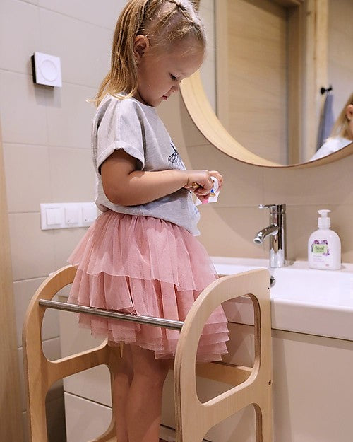 Torre Montessoriana Convertibile Step'n'Sit, Legno Naturale con Cinghie Argento